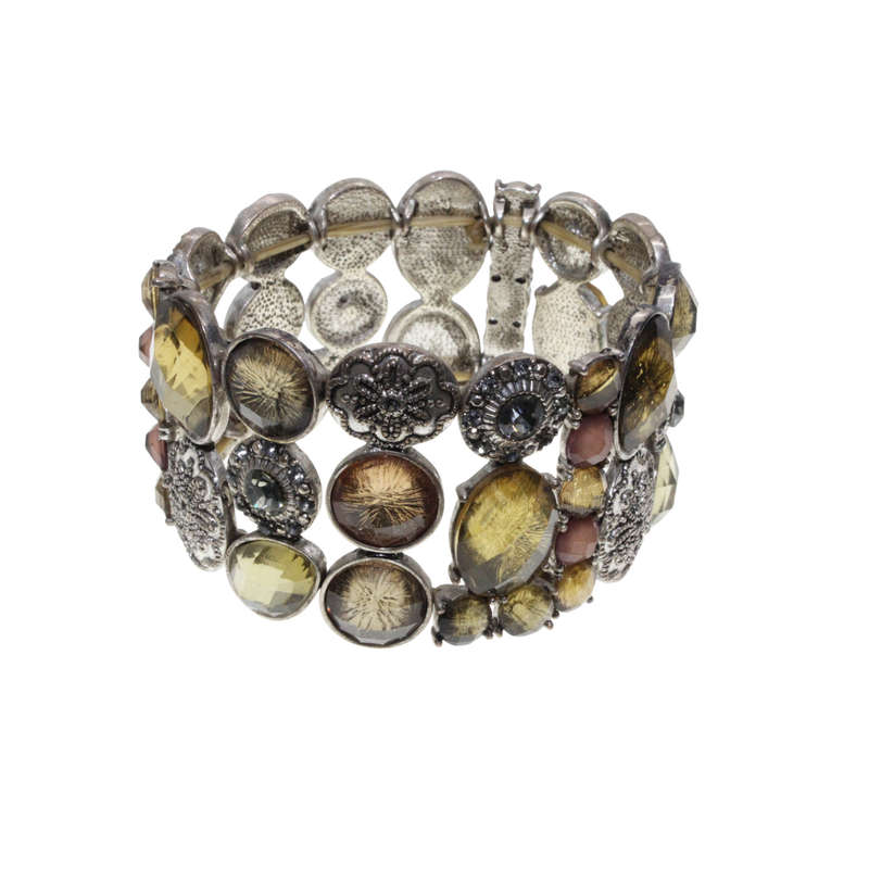 Bracelet - Silver Tone Stretch Design. Bronze Rhinestones and Diamantes. 3 Stack Design - ML2901