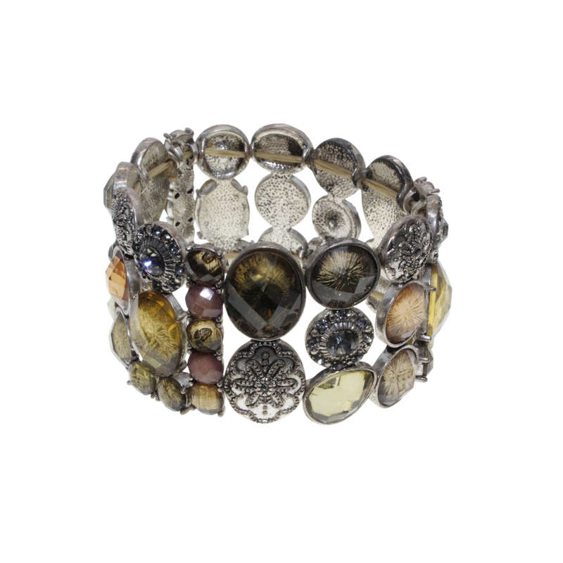 Bracelet - Silver Tone Stretch Design. Bronze Rhinestones and Diamantes. 3 Stack Design - ML2901