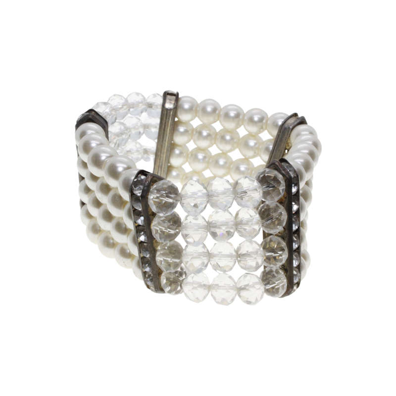 Bracelet - Silver Tone Stretch Design. 4 Strands made with Faux Pearls & Clear Beads - ML2902