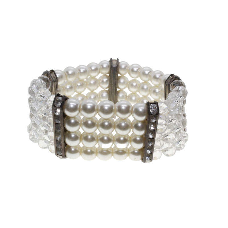 Bracelet - Silver Tone Stretch Design. 4 Strands made with Faux Pearls & Clear Beads - ML2902