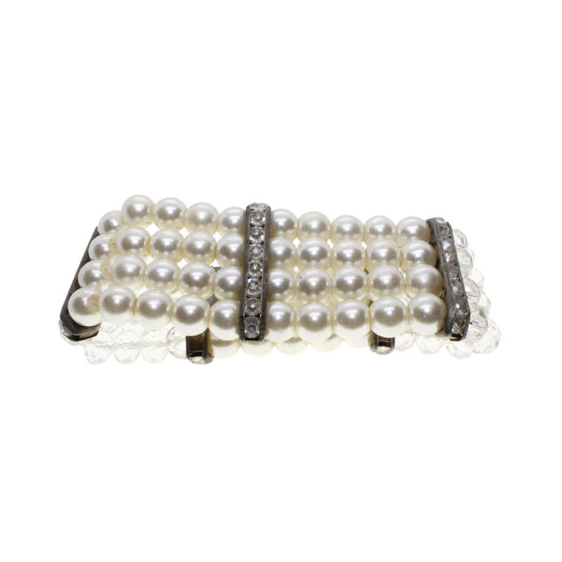 Bracelet - Silver Tone Stretch Design. 4 Strands made with Faux Pearls & Clear Beads - ML2902