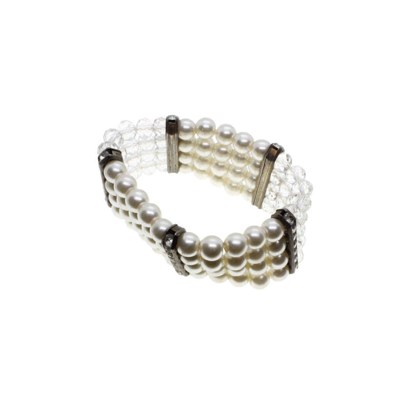 Bracelet - Silver Tone Stretch Design. 4 Strands made with Faux Pearls & Clear Beads - ML2902