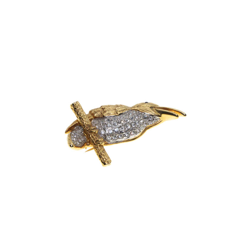 Brooch - Long Beaked Bird with Diamantes on Chest and Tail. Green Stone for Eye. On Perch. - ML2906