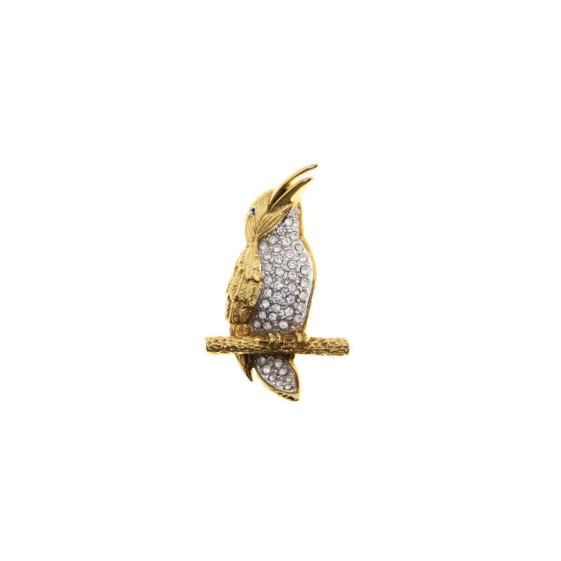 Brooch - Long Beaked Bird with Diamantes on Chest and Tail. Green Stone for Eye. On Perch. - ML2906