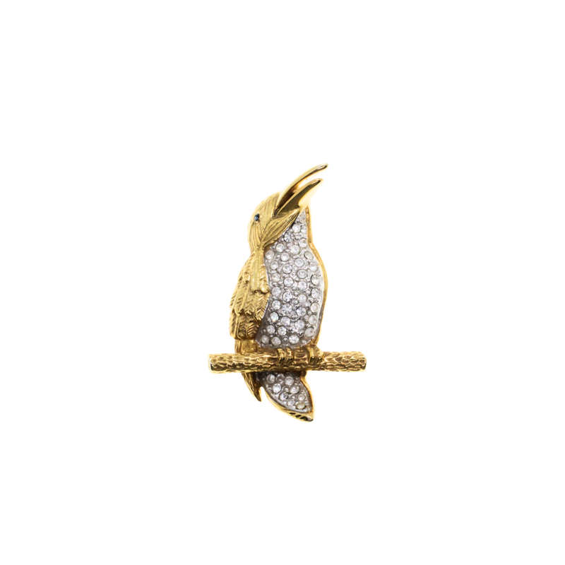 Brooch - Long Beaked Bird with Diamantes on Chest and Tail. Green Stone for Eye. On Perch. - ML2906