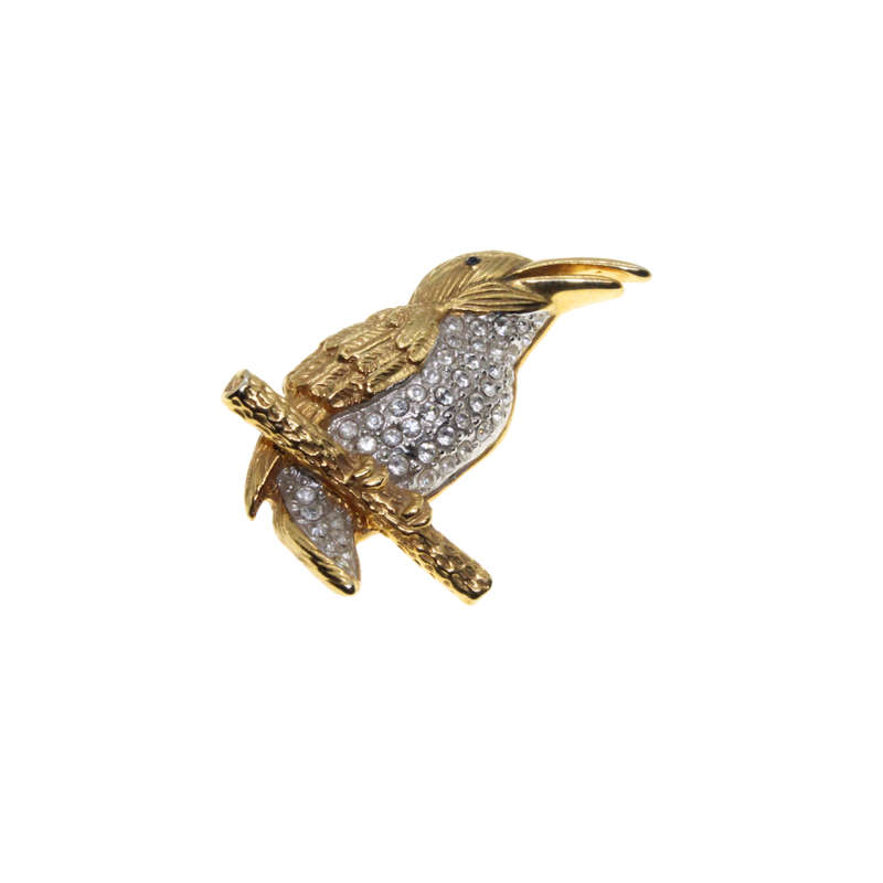 Brooch - Long Beaked Bird with Diamantes on Chest and Tail. Green Stone for Eye. On Perch. - ML2906