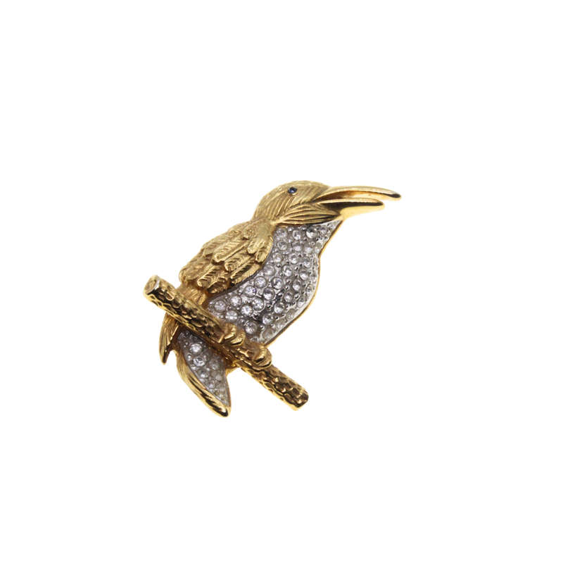 Brooch - Long Beaked Bird with Diamantes on Chest and Tail. Green Stone for Eye. On Perch. - ML2906