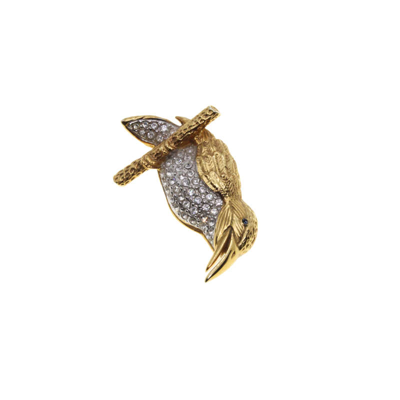 Brooch - Long Beaked Bird with Diamantes on Chest and Tail. Green Stone for Eye. On Perch. - ML2906