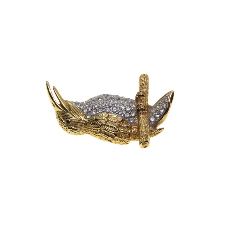 Brooch - Long Beaked Bird with Diamantes on Chest and Tail. Green Stone for Eye. On Perch. - ML2906