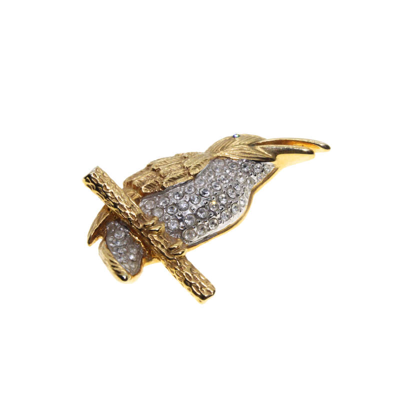Brooch - Long Beaked Bird with Diamantes on Chest and Tail. Green Stone for Eye. On Perch. - ML2906