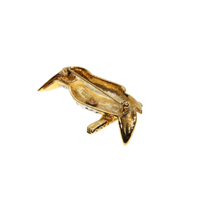 Brooch - Long Beaked Bird with Diamantes on Chest and Tail. Green Stone for Eye. On Perch. - ML2906