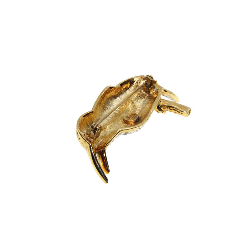Brooch - Long Beaked Bird with Diamantes on Chest and Tail. Green Stone for Eye. On Perch. - ML2906