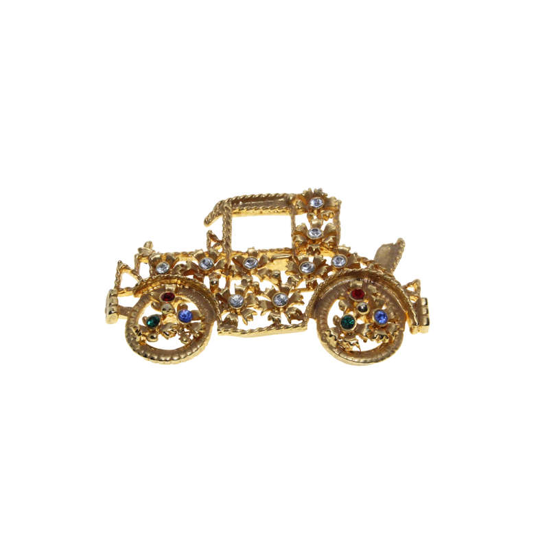 Brooch - Gold Tone Vintage Style Old Car. Clear and /coloured Rhinestones - ML2908
