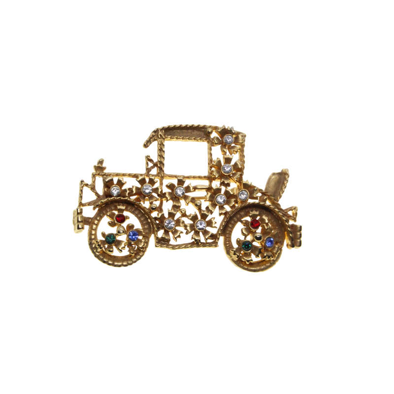 Brooch - Gold Tone Vintage Style Old Car. Clear and /coloured Rhinestones - ML2908