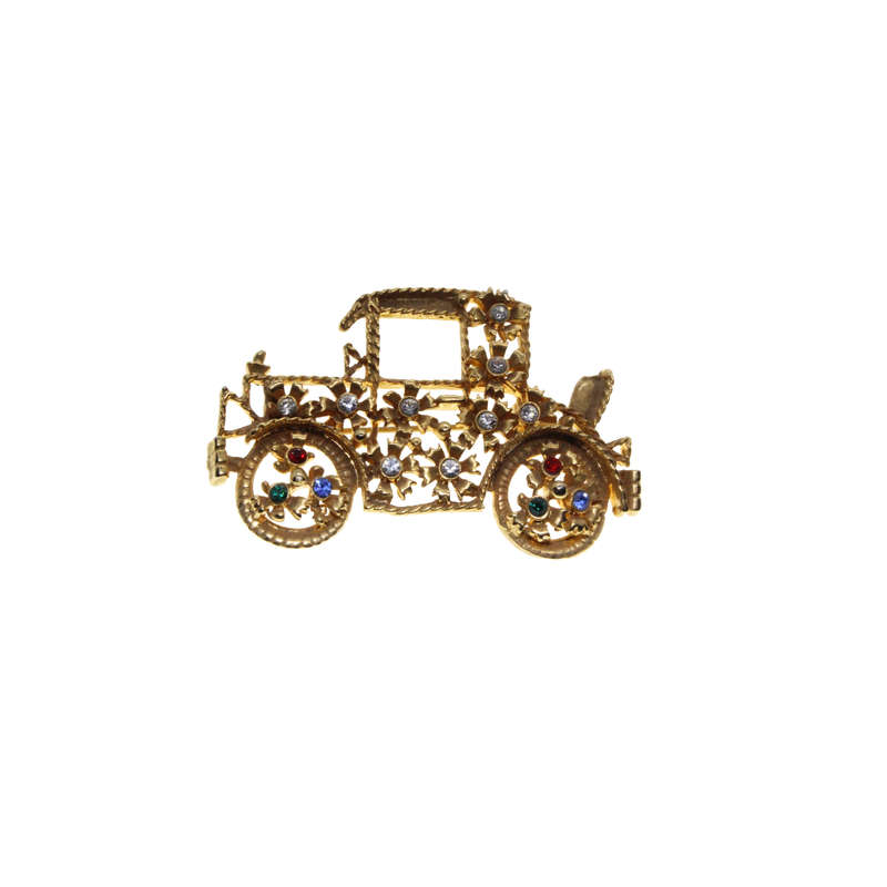 Brooch - Gold Tone Vintage Style Old Car. Clear and /coloured Rhinestones - ML2908