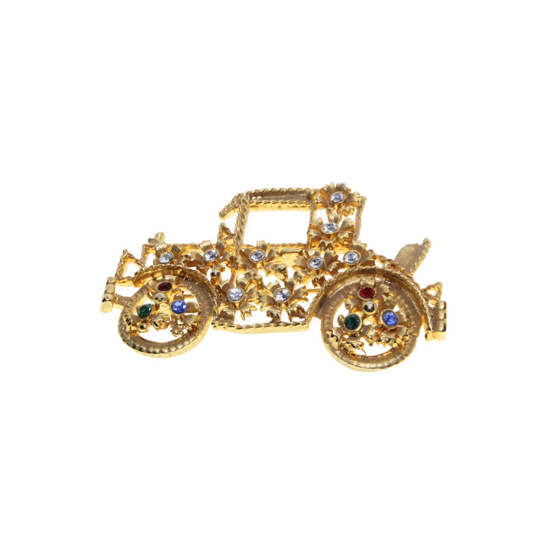 Brooch - Gold Tone Vintage Style Old Car. Clear and /coloured Rhinestones - ML2908
