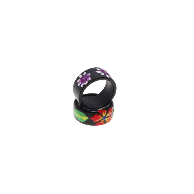Ring - 2 x Black Wooden Rings Handpainted(1) Red/Green Flowers (2) Purple/White Flowers - ML2909