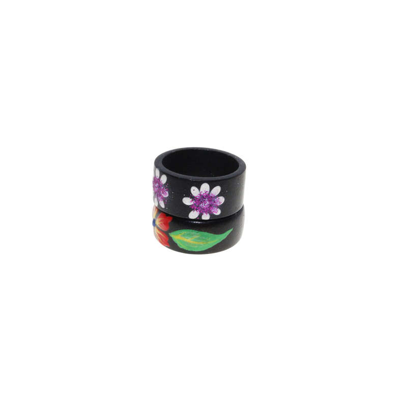 Ring - 2 x Black Wooden Rings Handpainted(1) Red/Green Flowers (2) Purple/White Flowers - ML2909