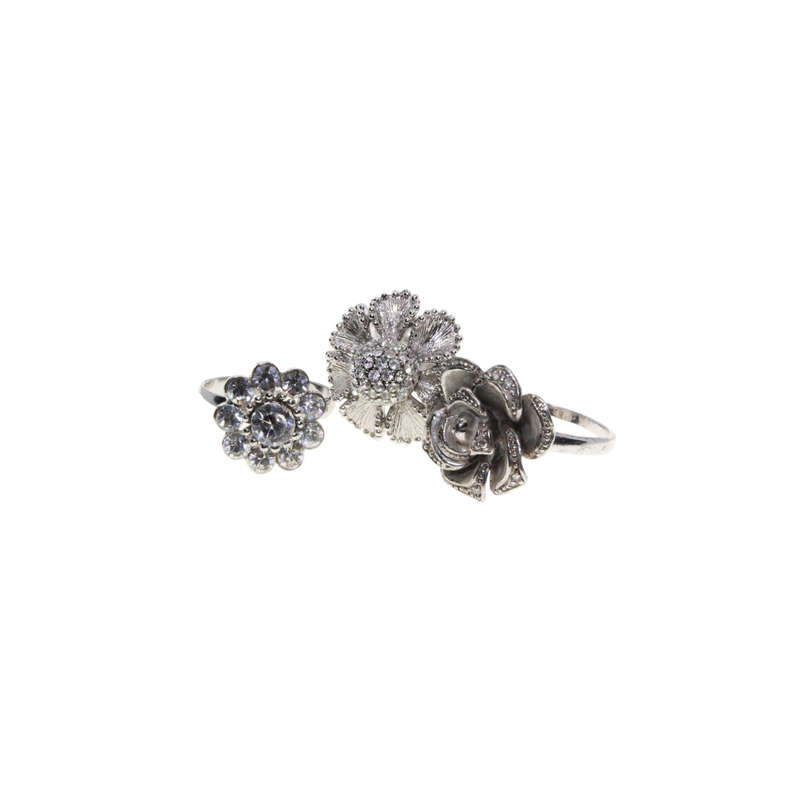 Ring - Silver Tone 3 x floral Design Rings With Silver and Diamantes - ML2912