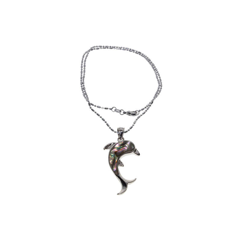 Necklace - Silver Tone Chain, Dolphin Charm inset with blue and green colour - ML2915