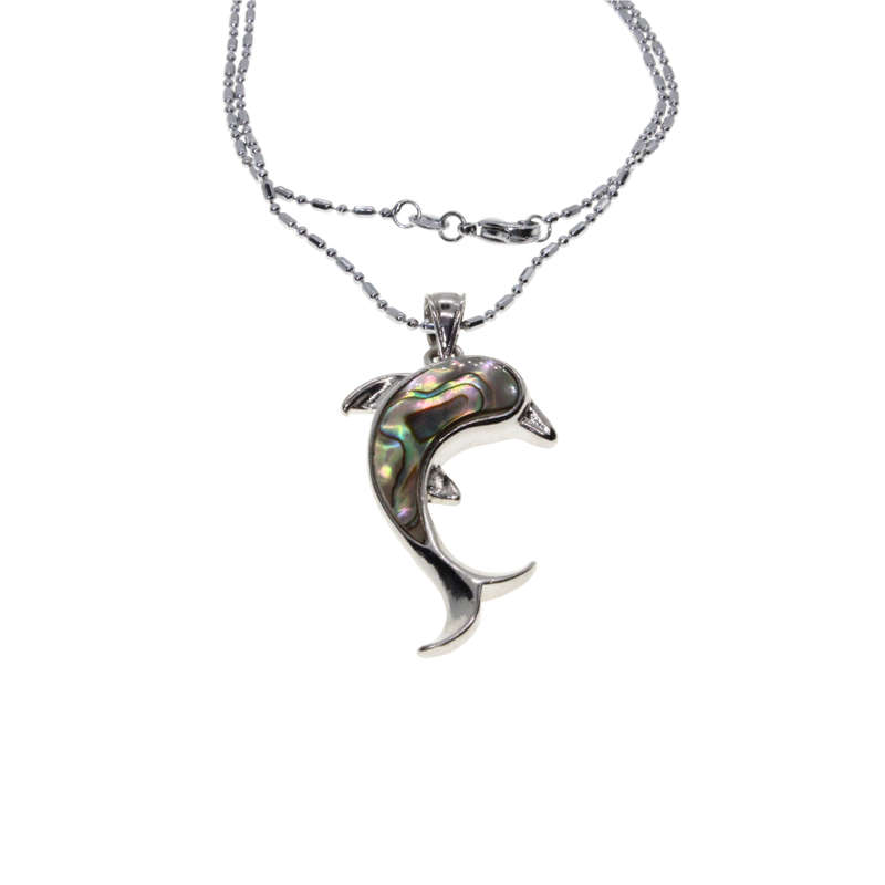 Necklace - Silver Tone Chain, Dolphin Charm inset with blue and green colour - ML2915