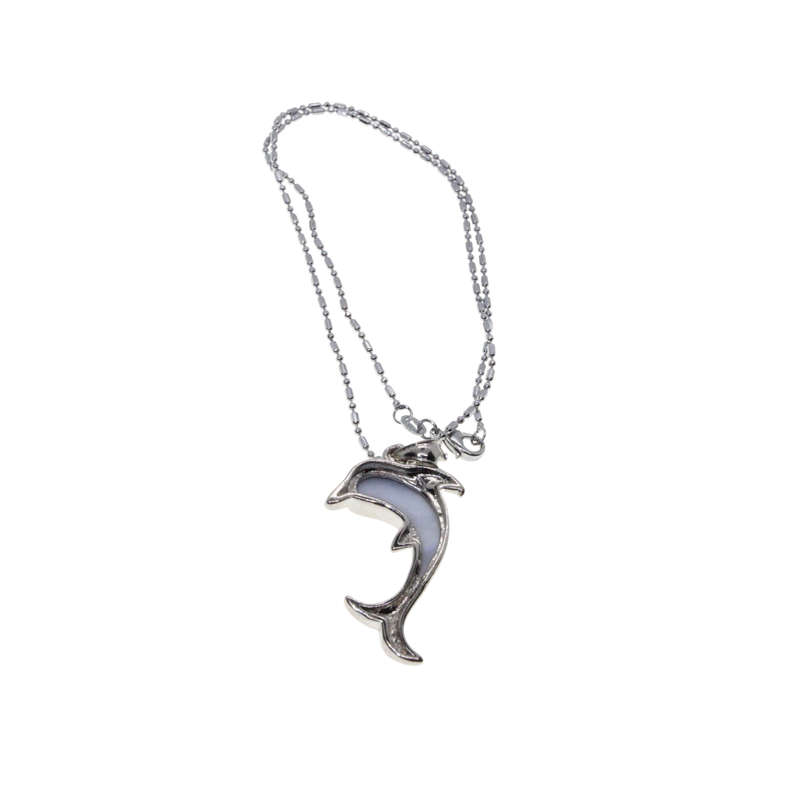 Necklace - Silver Tone Chain, Dolphin Charm inset with blue and green colour - ML2915