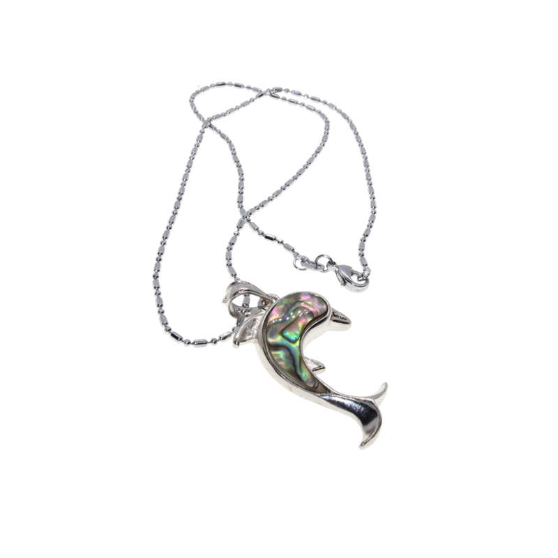 Necklace - Silver Tone Chain, Dolphin Charm inset with blue and green colour - ML2915