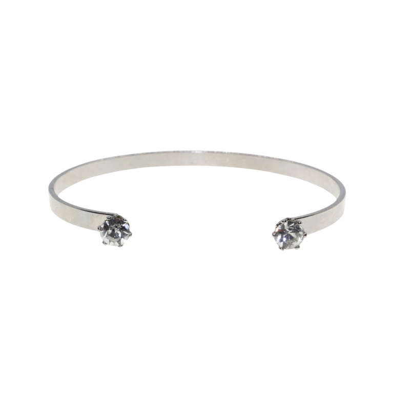 Bangle - Silver Tone Cuff Bracelet Clear Stones on both ends - ML2920