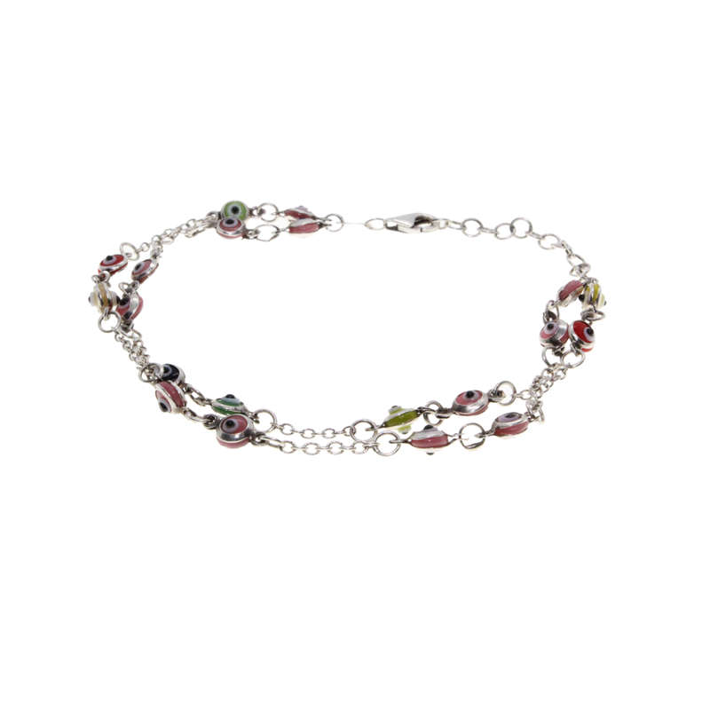 Bracelet - 925 Silver double Chain with small colourful Evil Eyes - ML2922