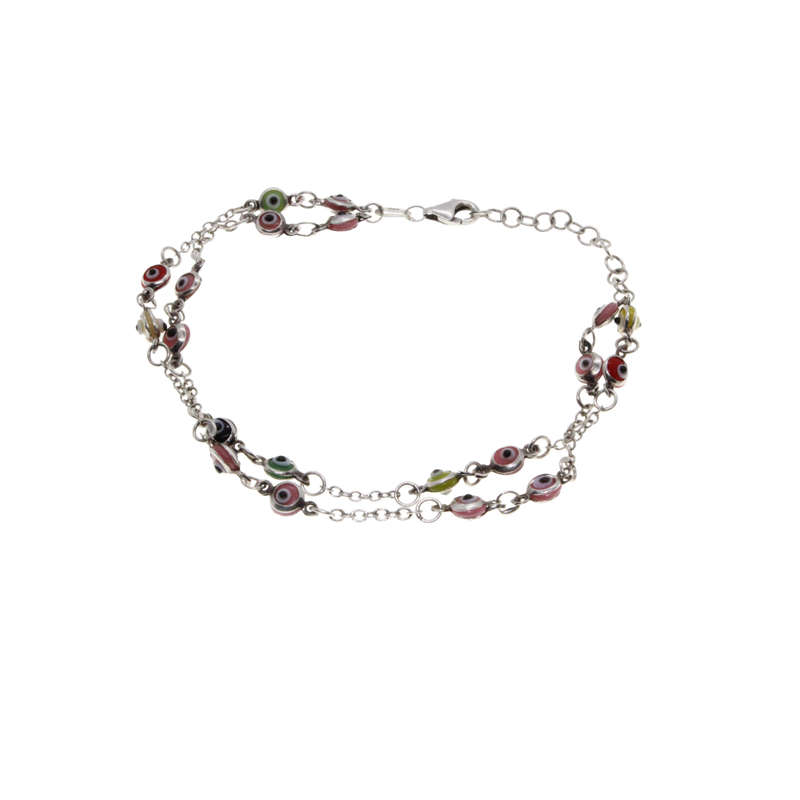 Bracelet - 925 Silver double Chain with small colourful Evil Eyes - ML2922