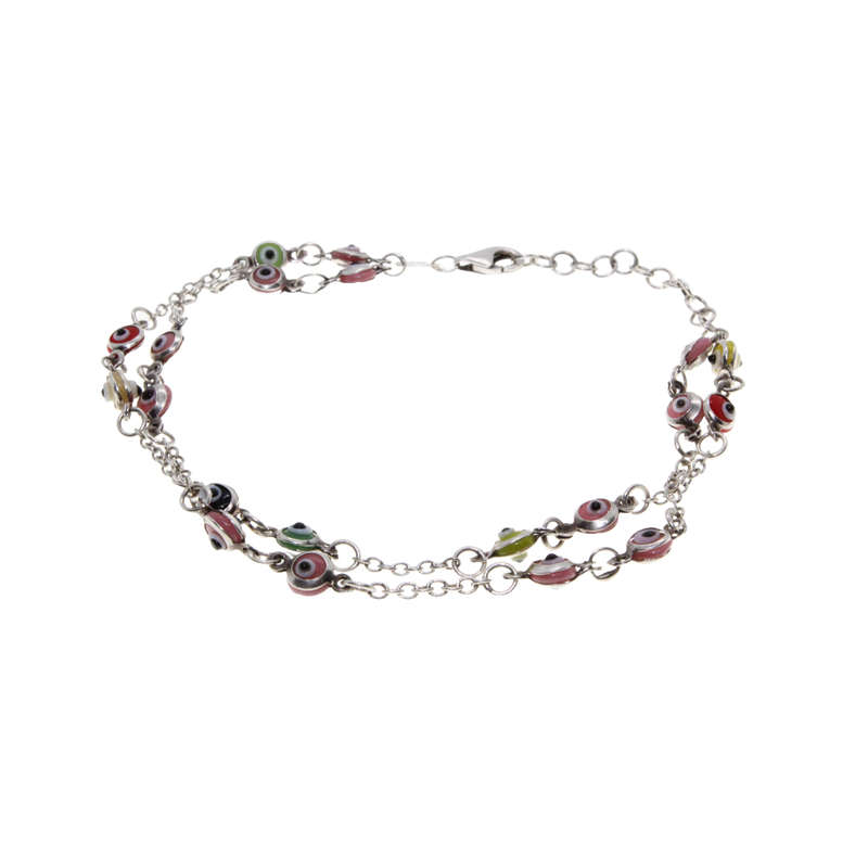 Bracelet - 925 Silver double Chain with small colourful Evil Eyes - ML2922