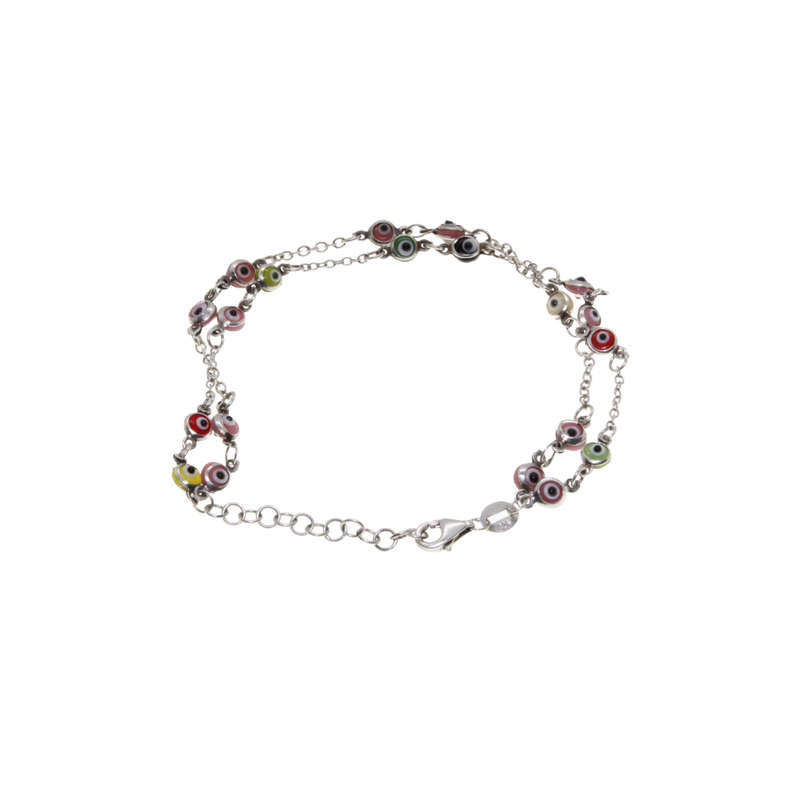 Bracelet - 925 Silver double Chain with small colourful Evil Eyes - ML2922