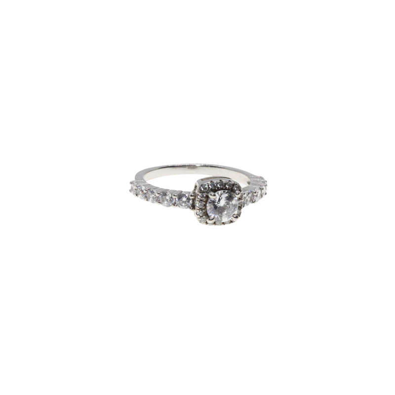 Ring - 925 Silver Halo Ring. Square Setting Centre Clear Stone. Diamantes - ML2924