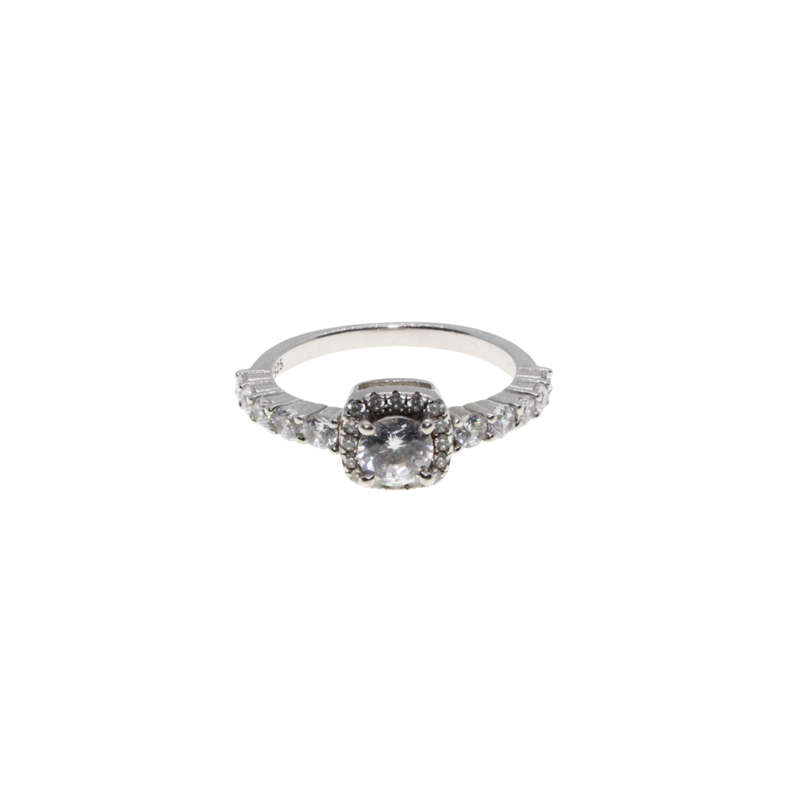 Ring - 925 Silver Halo Ring. Square Setting Centre Clear Stone. Diamantes - ML2924