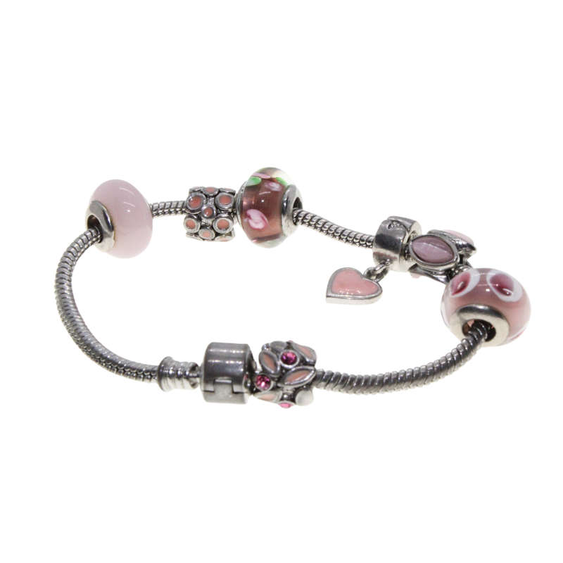 Bracelet - Silver Tone Snake Chain with Pink and Silver Beads - ML2926