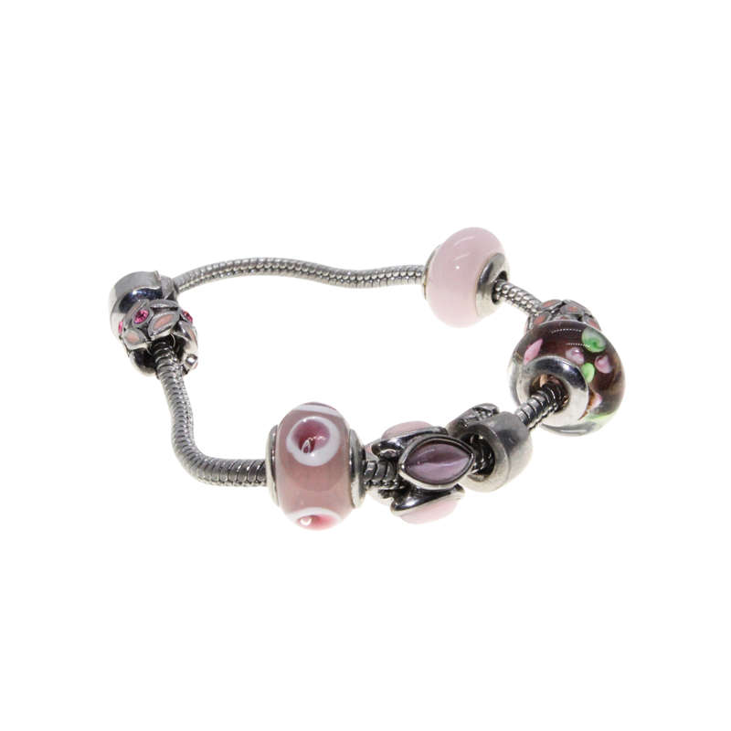 Bracelet - Silver Tone Snake Chain with Pink and Silver Beads - ML2926