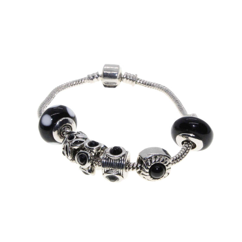 Bracelet - Silver Tone Snake Bracelet. Silver Tone and Glass Black/White/Silver Beads - ML2929