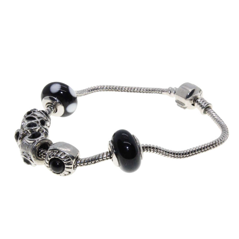 Bracelet - Silver Tone Snake Bracelet. Silver Tone and Glass Black/White/Silver Beads - ML2929