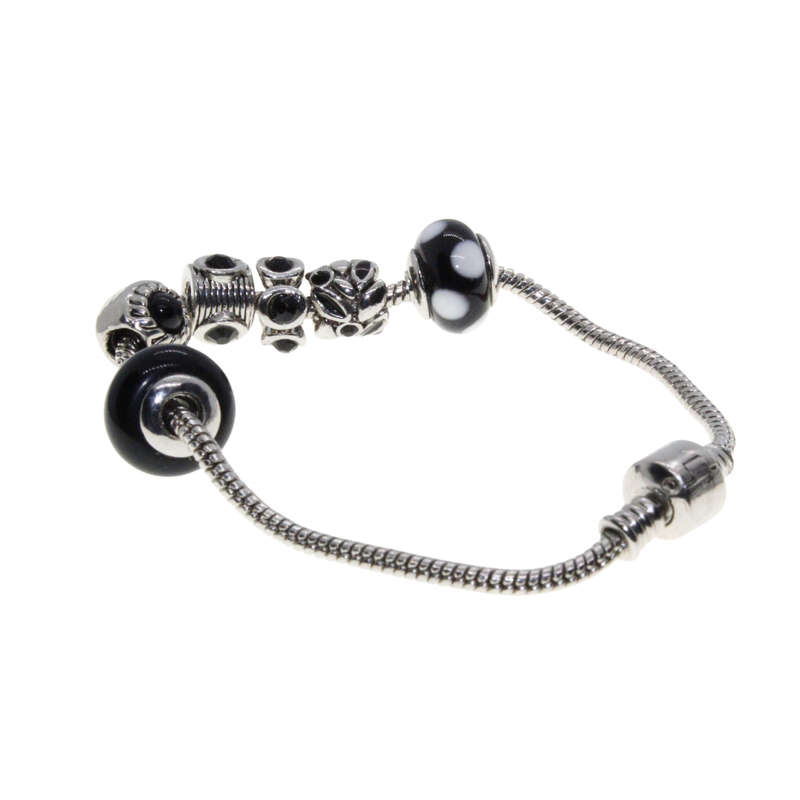 Bracelet - Silver Tone Snake Bracelet. Silver Tone and Glass Black/White/Silver Beads - ML2929