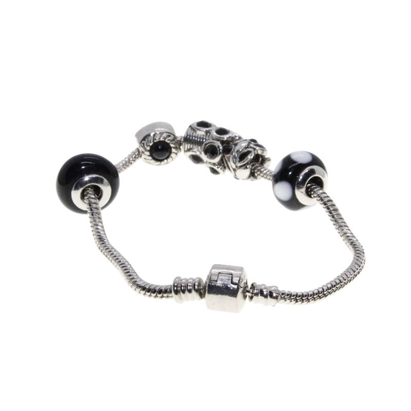 Bracelet - Silver Tone Snake Bracelet. Silver Tone and Glass Black/White/Silver Beads - ML2929