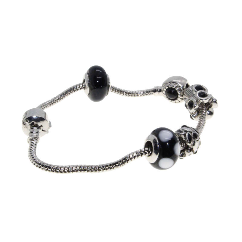 Bracelet - Silver Tone Snake Bracelet. Silver Tone and Glass Black/White/Silver Beads - ML2929