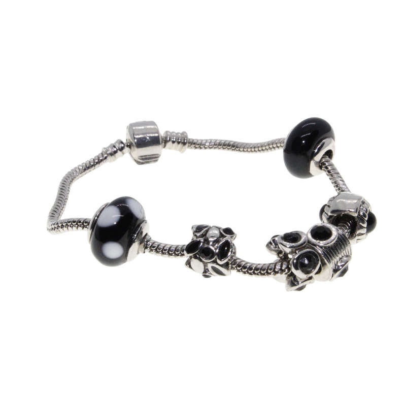 Bracelet - Silver Tone Snake Bracelet. Silver Tone and Glass Black/White/Silver Beads - ML2929