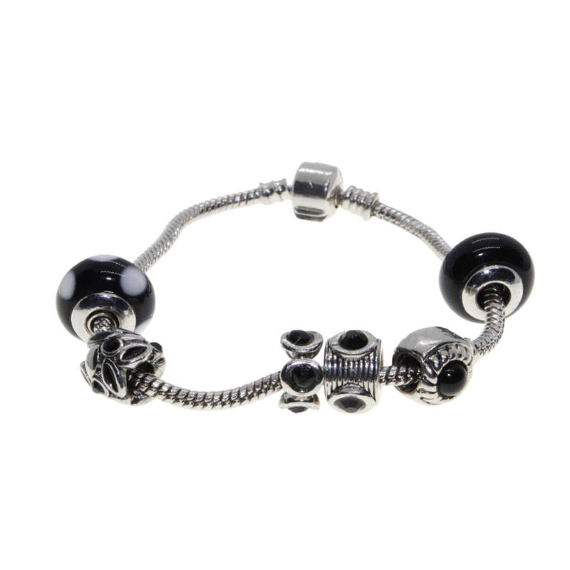 Bracelet - Silver Tone Snake Bracelet. Silver Tone and Glass Black/White/Silver Beads - ML2929