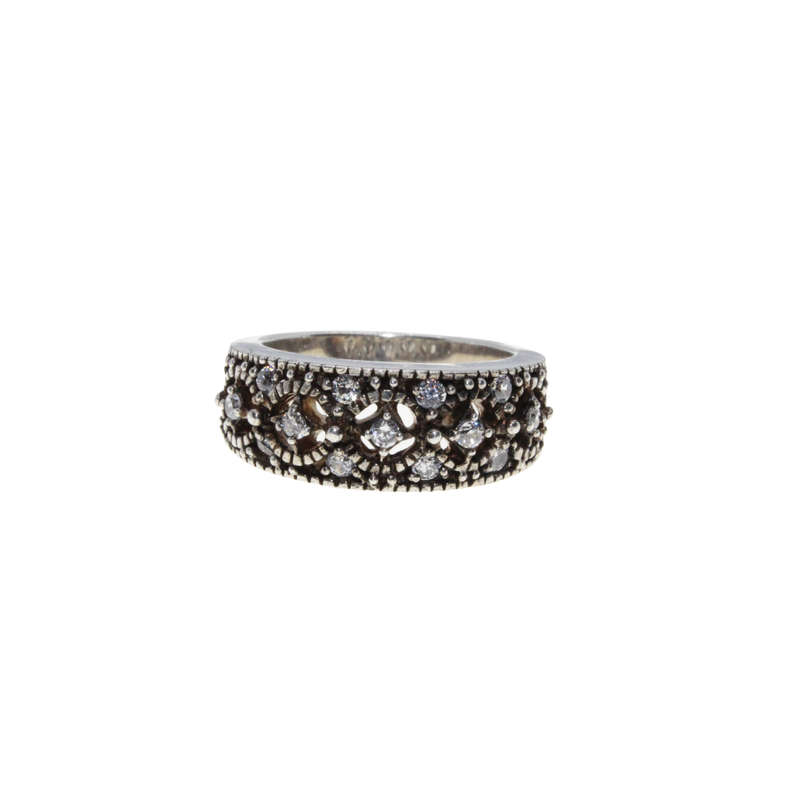 Ring - 925 Silver.  Marcasite and Diamante Design Band Wider on Top - ML2951