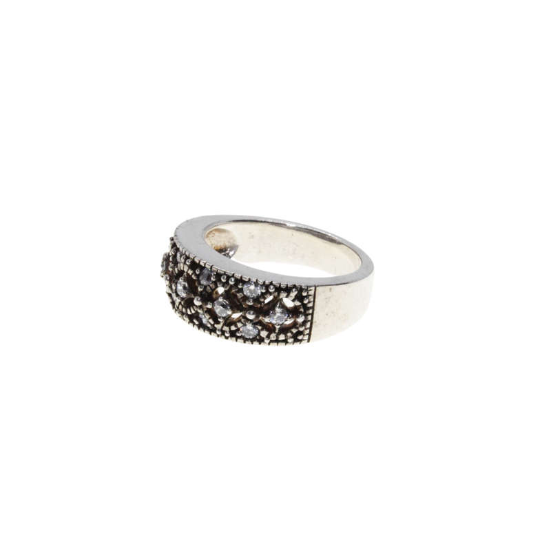 Ring - 925 Silver.  Marcasite and Diamante Design Band Wider on Top - ML2951