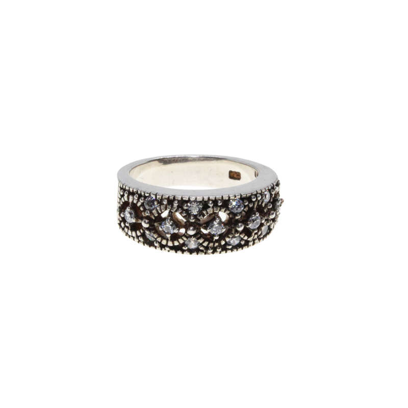 Ring - 925 Silver.  Marcasite and Diamante Design Band Wider on Top - ML2951