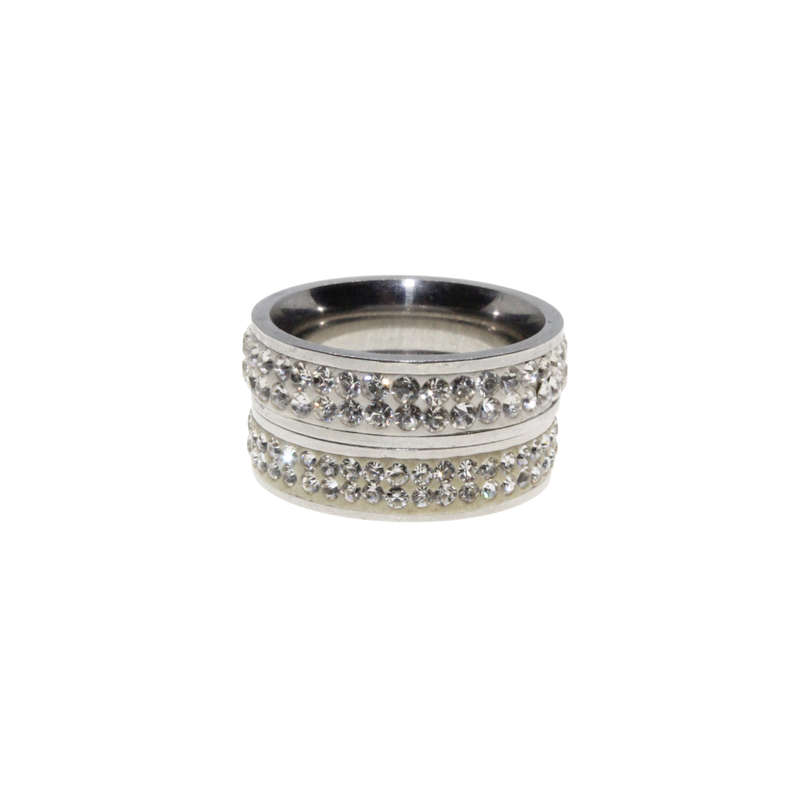 Ring - 2 x Silver Tone Wide Bands surrounded by Clear Diamantes - ML2954