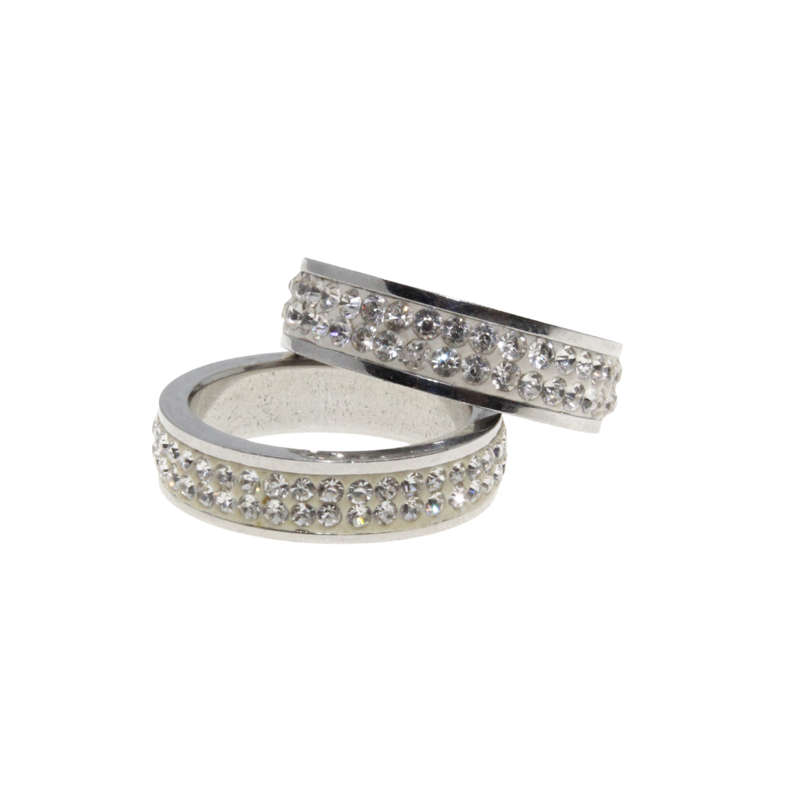 Ring - 2 x Silver Tone Wide Bands surrounded by Clear Diamantes - ML2954