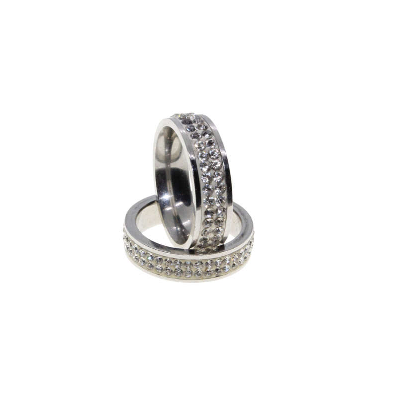Ring - 2 x Silver Tone Wide Bands surrounded by Clear Diamantes - ML2954