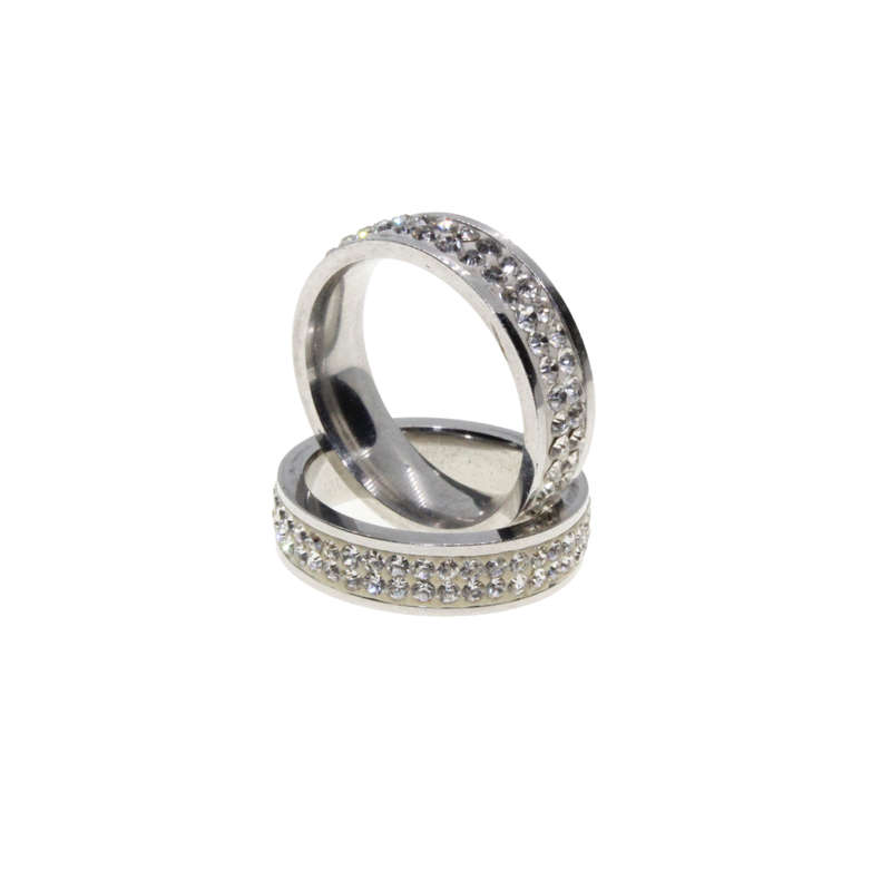 Ring - 2 x Silver Tone Wide Bands surrounded by Clear Diamantes - ML2954